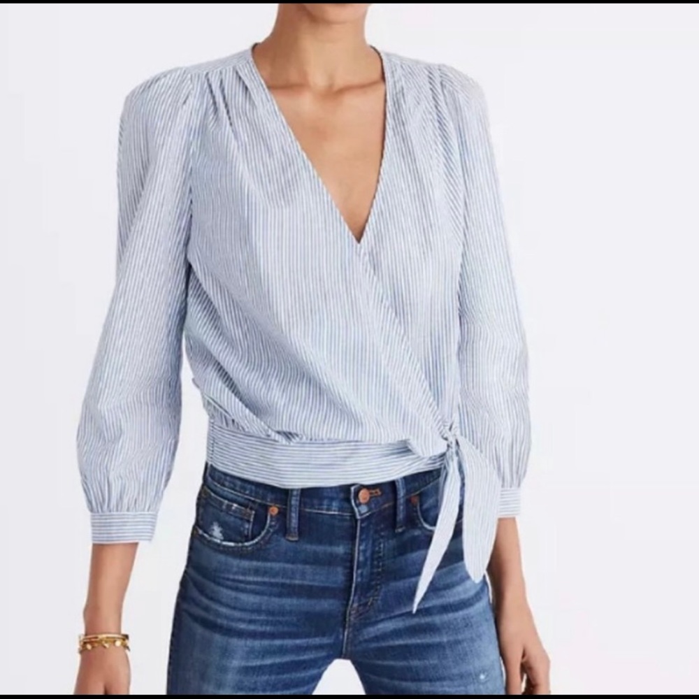 Madewell Light Blue and White Striped Wrap Blouse